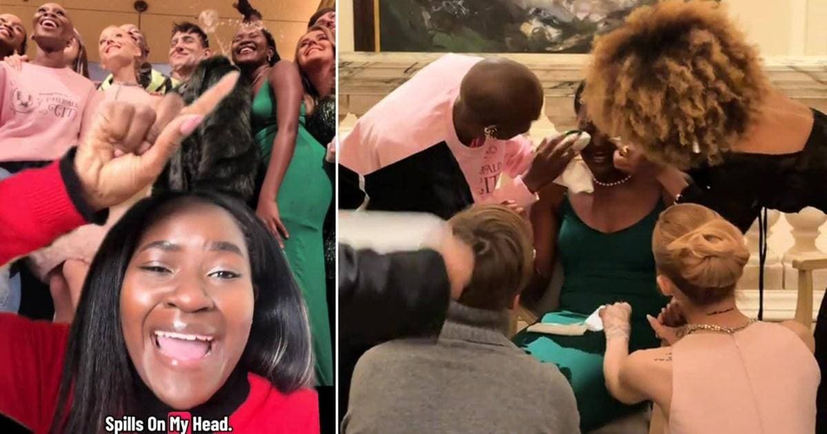 Cynthia Erivo and Ariana Grande rush to mop champagne