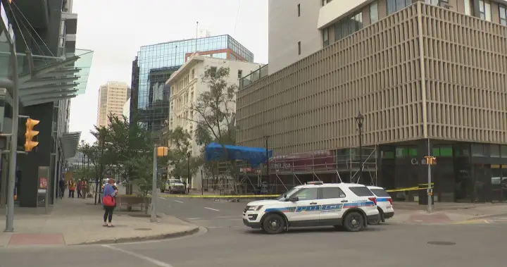 Two people hospitalised after scaffolding falls in downtown Regina